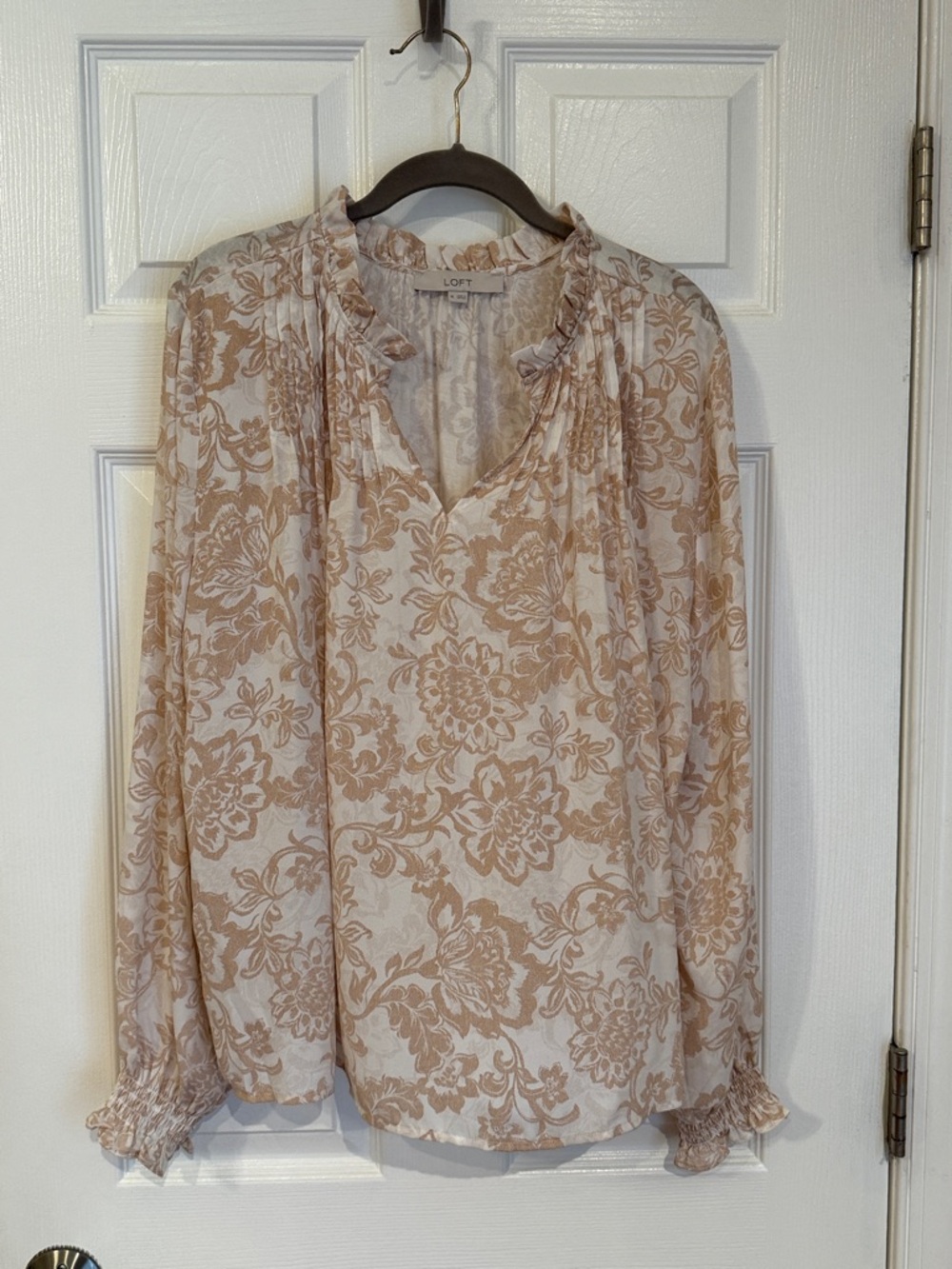 LOFT Cream and Tan Floral Ruffle-Neck Blouse